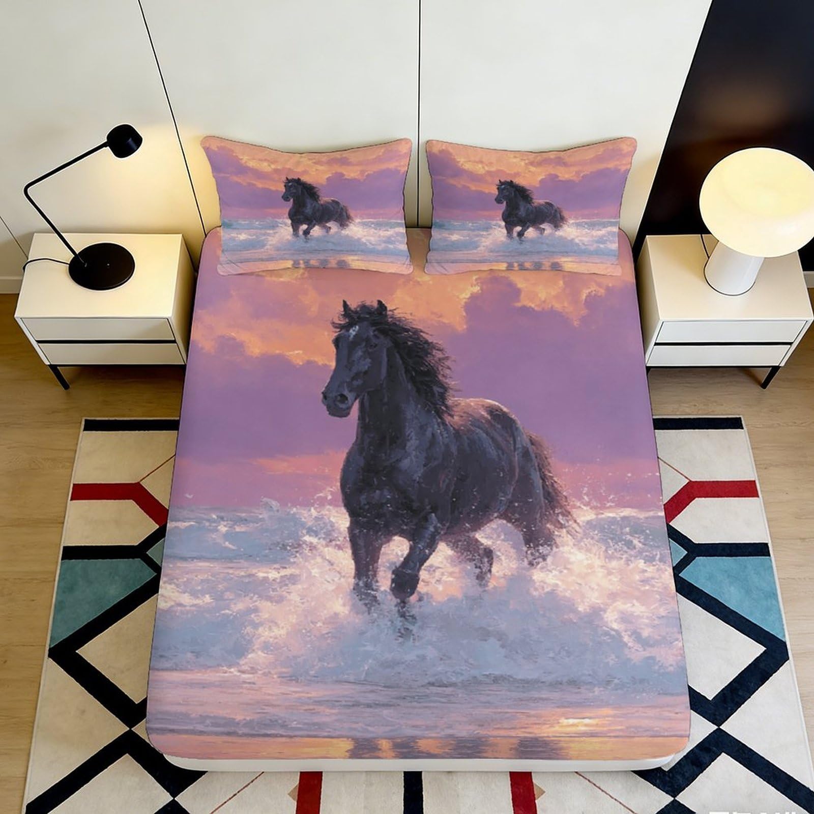 3D Printed Wild Horse Sunset Fitted Sheet Microfiber Soft Anti-Slip Mattress Cover for Bedroom Guest Room Decor 90x200x25cm