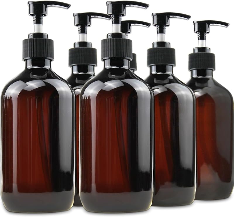 Frascos plásticos âmbar FOOCHY com dispenser de bomba, 500 mL, pacote com 6