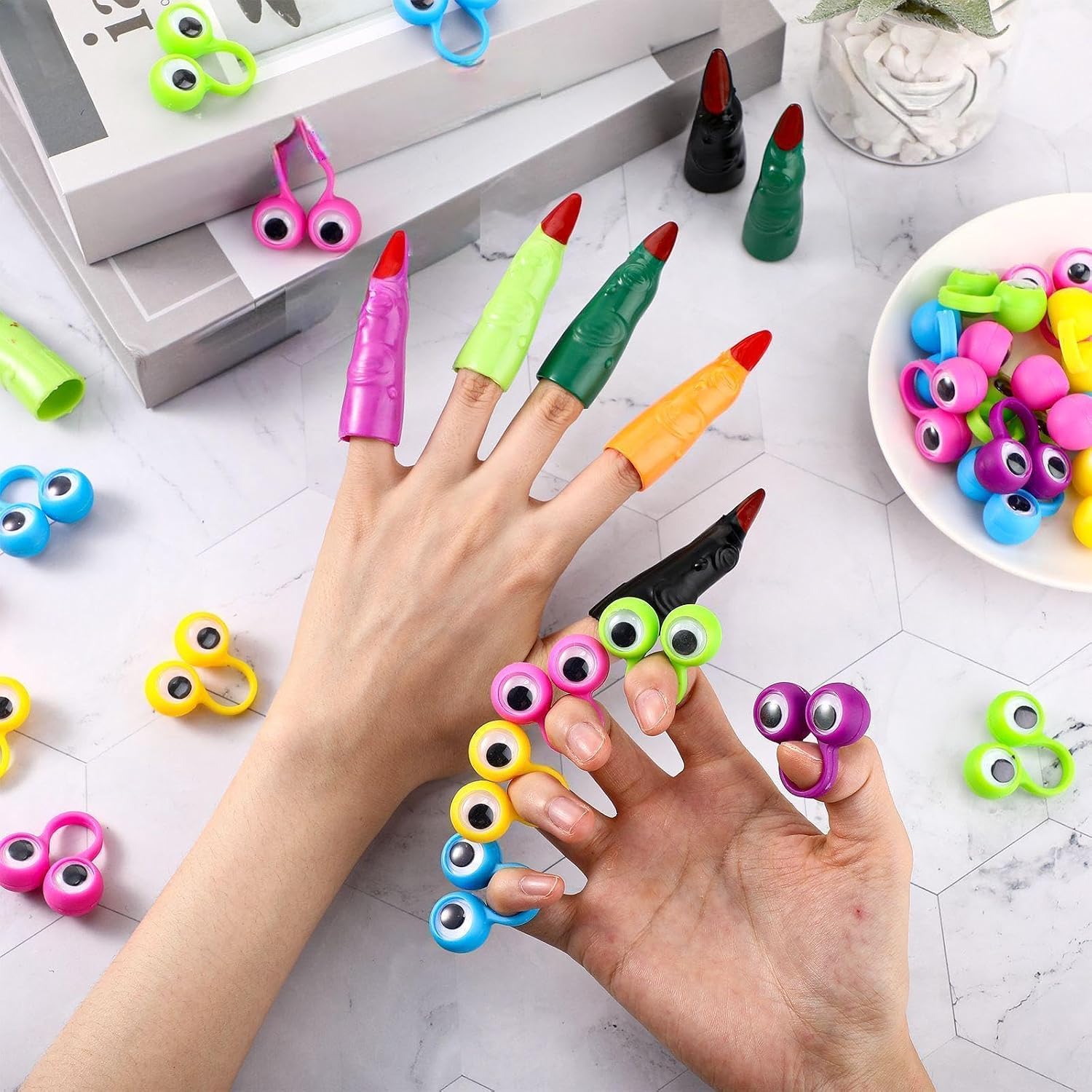 Zubebe 80 Pcs Halloween Witch Finger Pointers and Googly Eye Rings Set