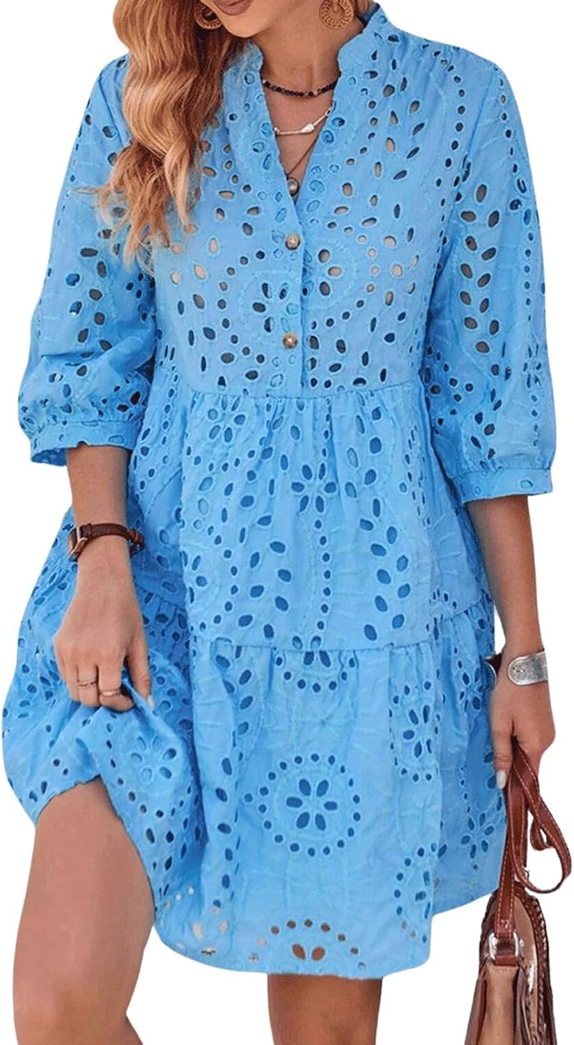 utcoco Women's 2025 Eyelet Lace Midi Dress V Neck Puff 3/4 Sleeve Button Tiered Sexy A Line Sun Dress