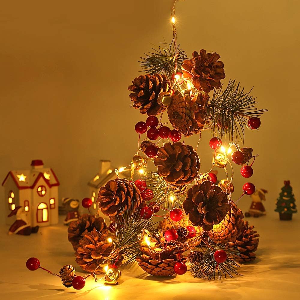 KevizewoChristmas Garland with Lights,Red Berry Pine Cone Garland,6.56FT 20 LED Battery Operated Christmas String Lights,Xmas Decor for Home Table Fireplace Mantel Christmas Decorations