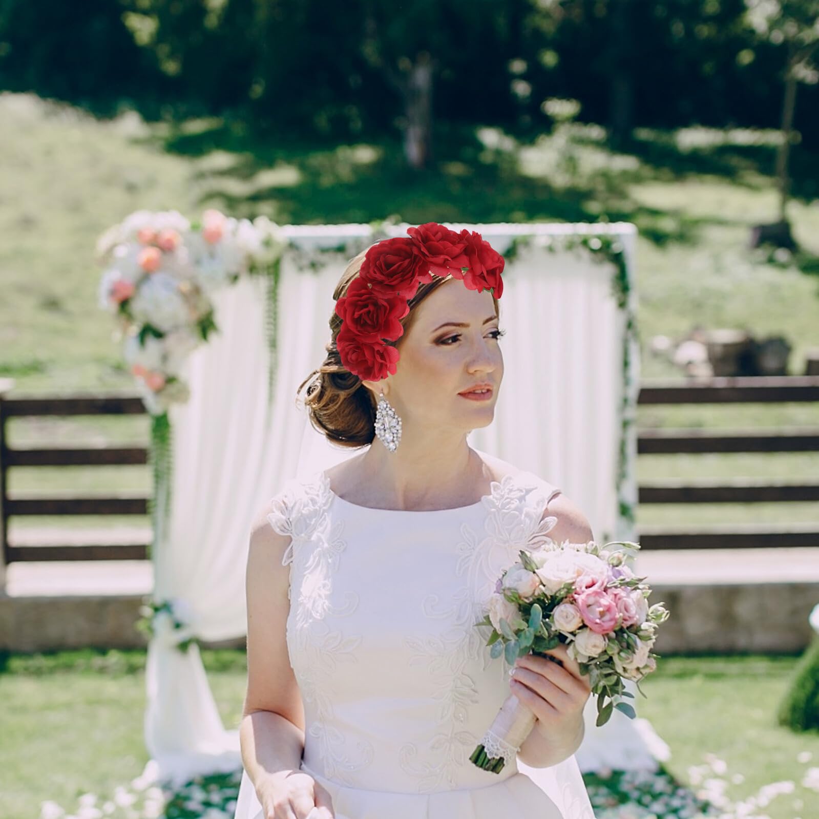 Diadema Novia Floral de Metal y Tela, 3 Piezas para Boda