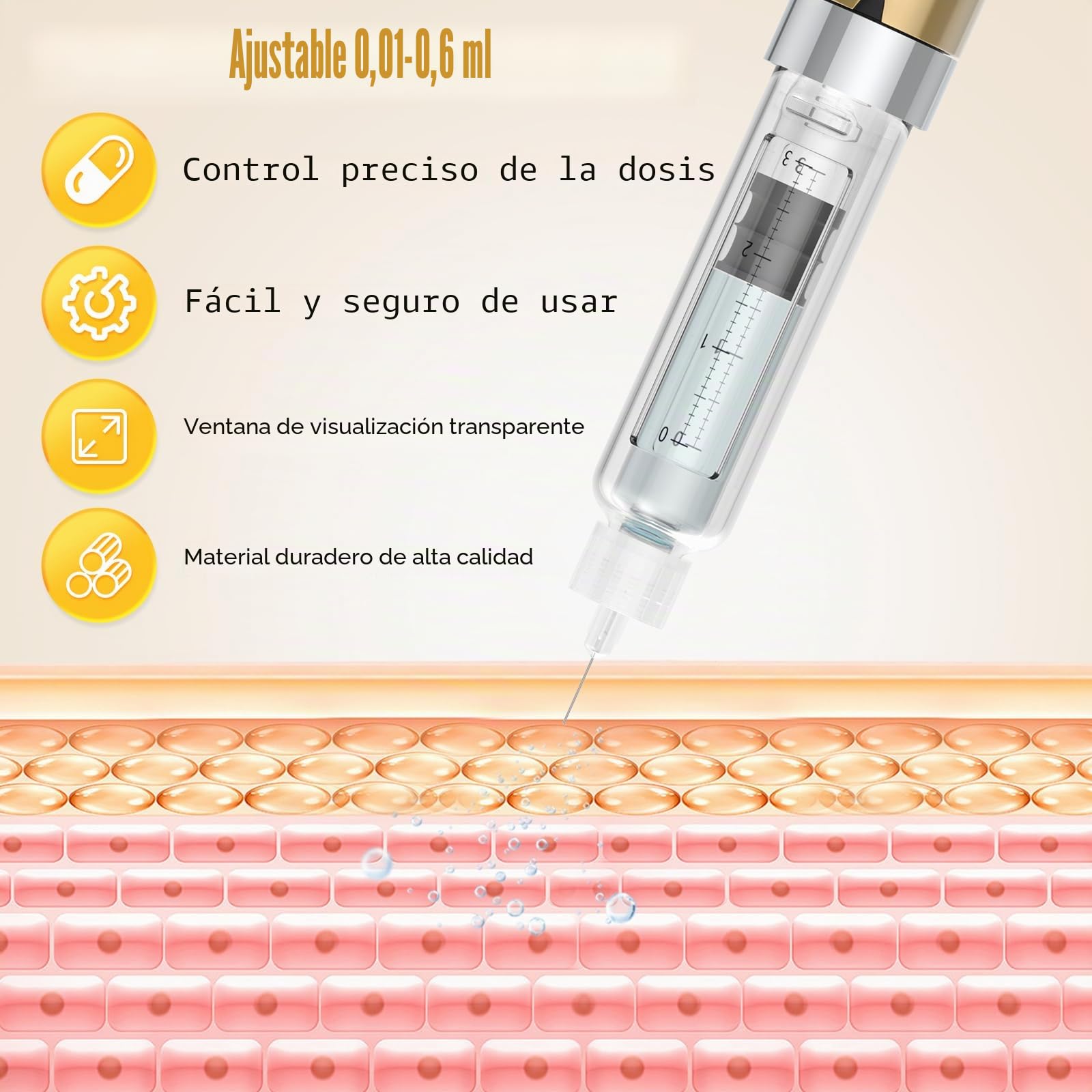 Bolígrafo de Insulina Reutilizable, Dosificador Preciso, Compatible con Cartuchos de 3 ml, 1–60 Unidades, Dorado