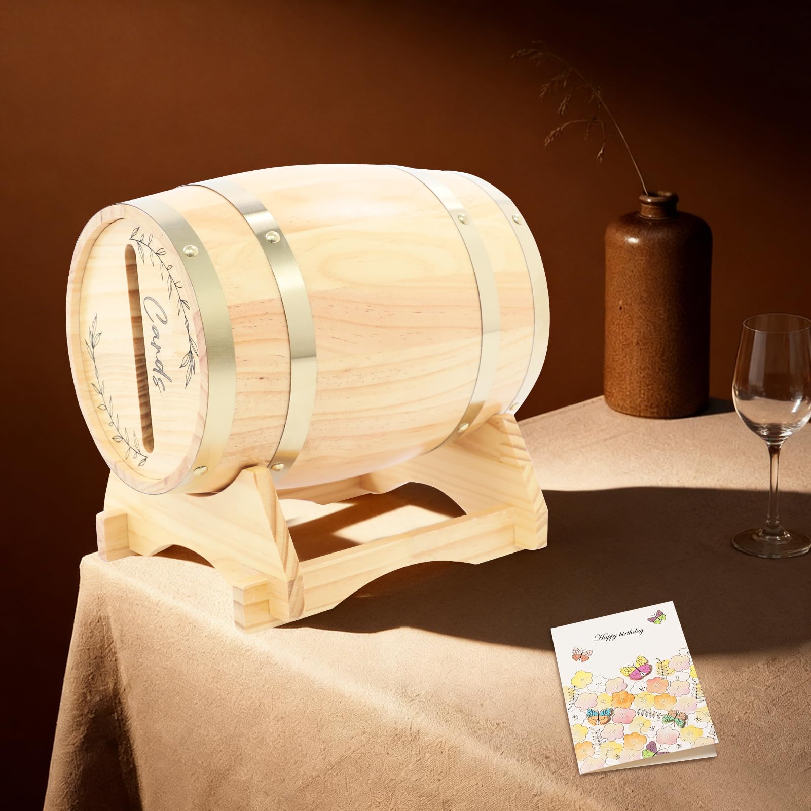 Kartenbox Hochzeit Holzfass, Kiefernholz für 150-250 Karten mit Sockel | Für Grußkarten, Umschläge und Gästebotschaften