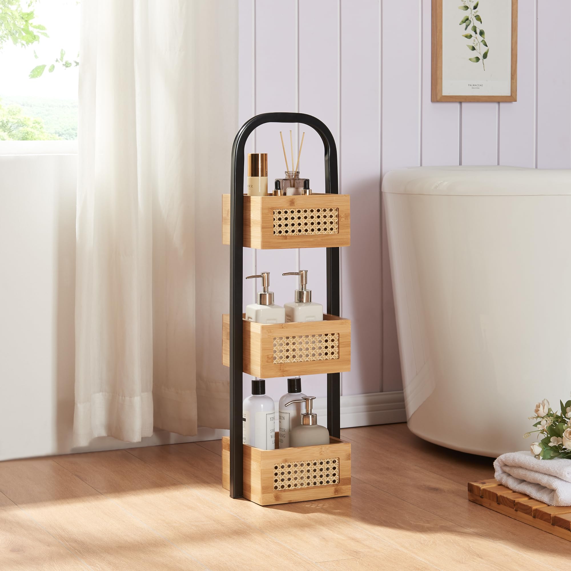 [en.casa] Estantería para Baño Tervola con 3 Cestas Mueble Baño Estantería de Pie Cocina Multiusos Versátil Resistente Metal/Bambú 73x23x19 cm - Negro/Efecto Ratán