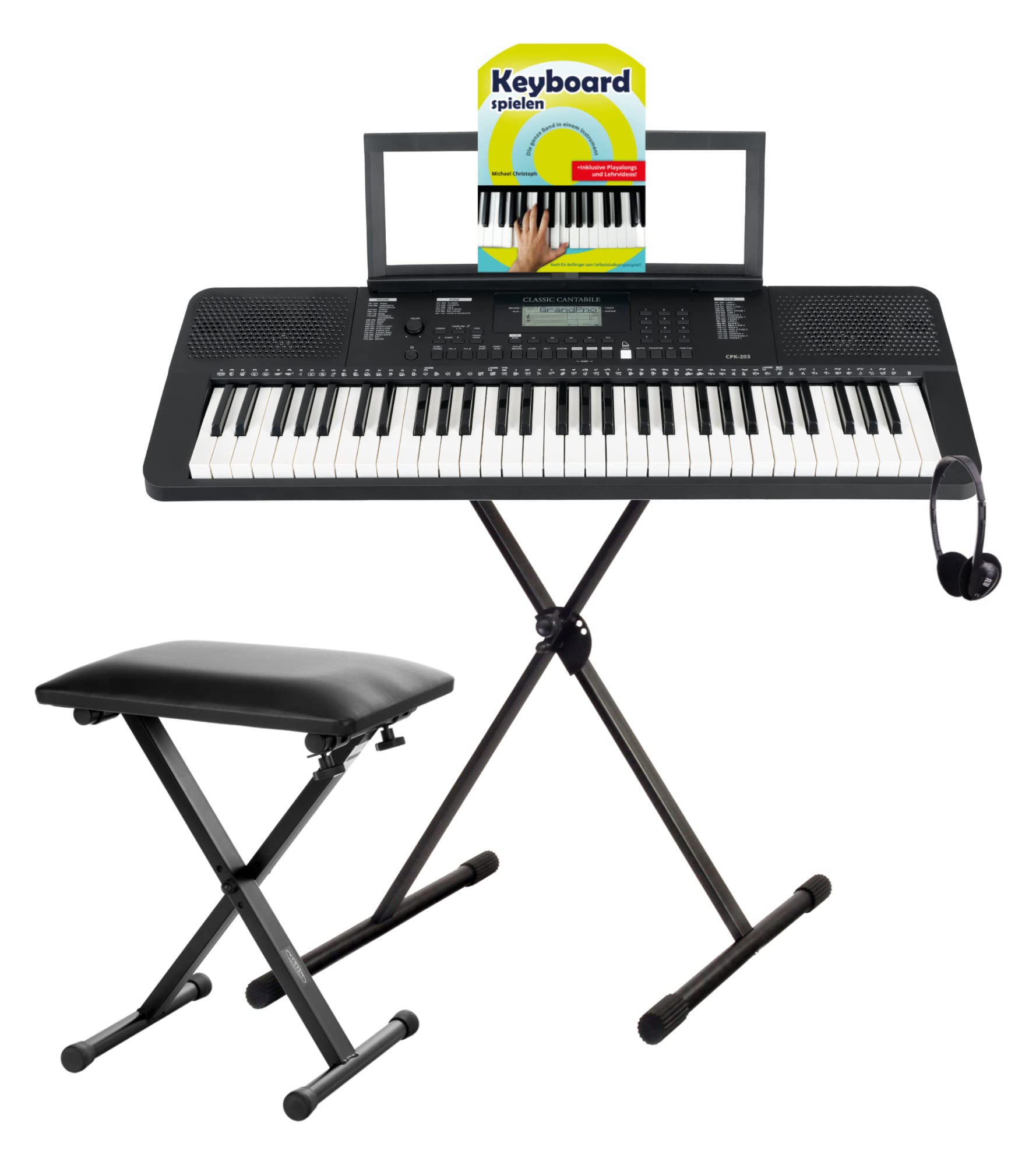 Classic Cantabile CPK-203 Keyboard Deluxe Set - 61 Tasten mit Anschlagdynamik - 480 Klänge und 160 Begleitrhythmen -inkl. Ständer, Bank, Tasche, Kopfhörer und Keyboardschule - Schwarz