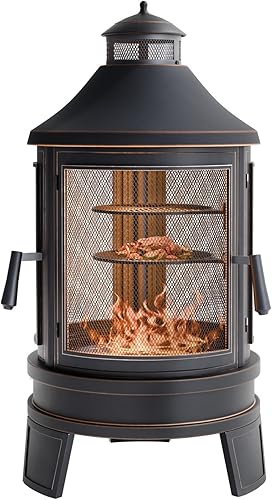 Fogata de metal para exteriores para quemar leña, chimenea de 24 pulgadas con bandeja de parrilla ajustable, puerta mosquitera y póquer de fuego,