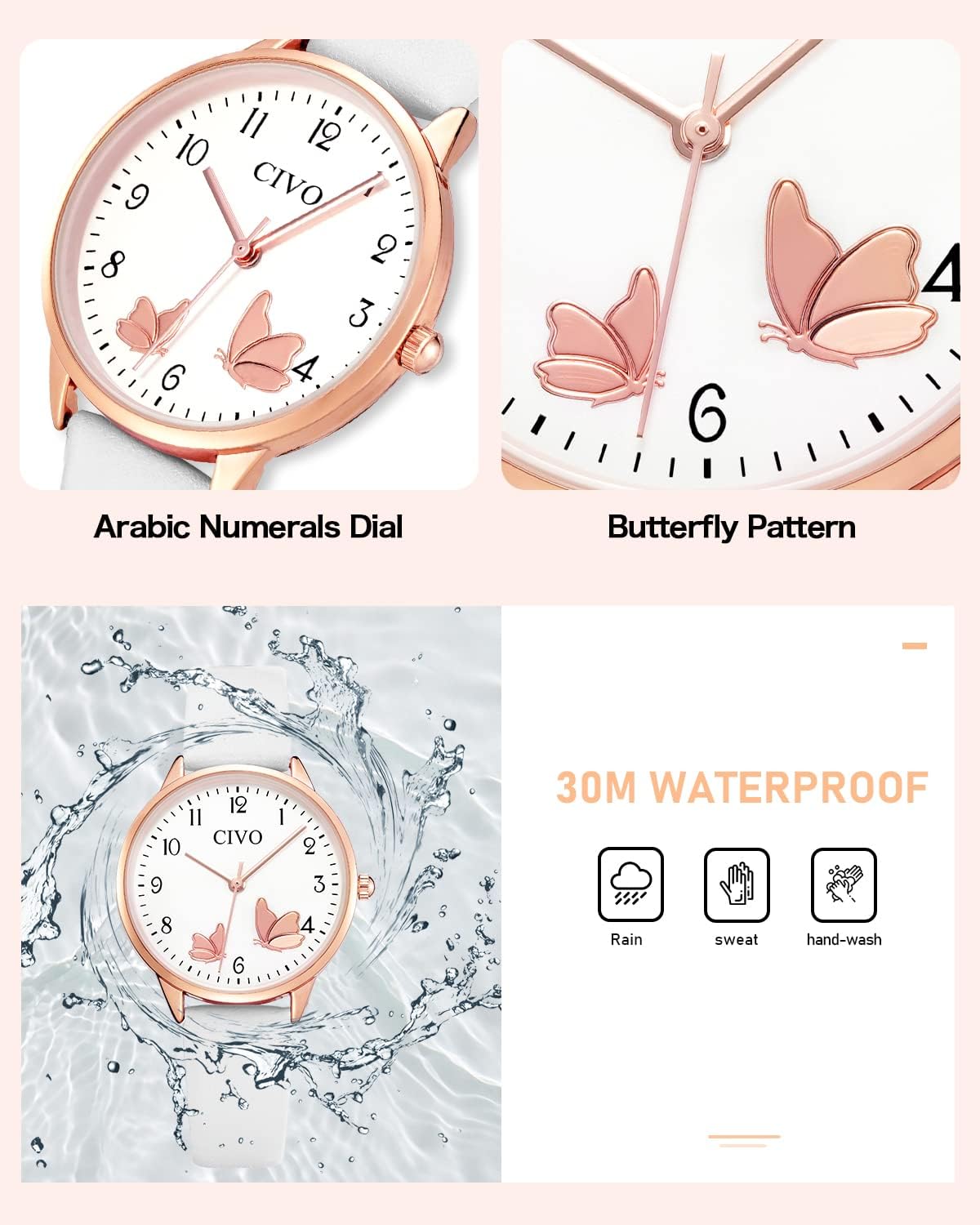 CIVO Womens Watches Leather Strap Analog Quartz Wrist Watch Waterproof Fashion Simple Easy to Read Ladies Watch with Exquisite Butterfly Dial - Image 5