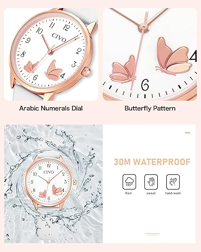 Miniatura 5 de CIVO Reloj de pulsera para mujer, correa de cuero, analógico, de cuarzo, impermeable, de moda, simple, fácil de leer, con exquisito dial de mariposa