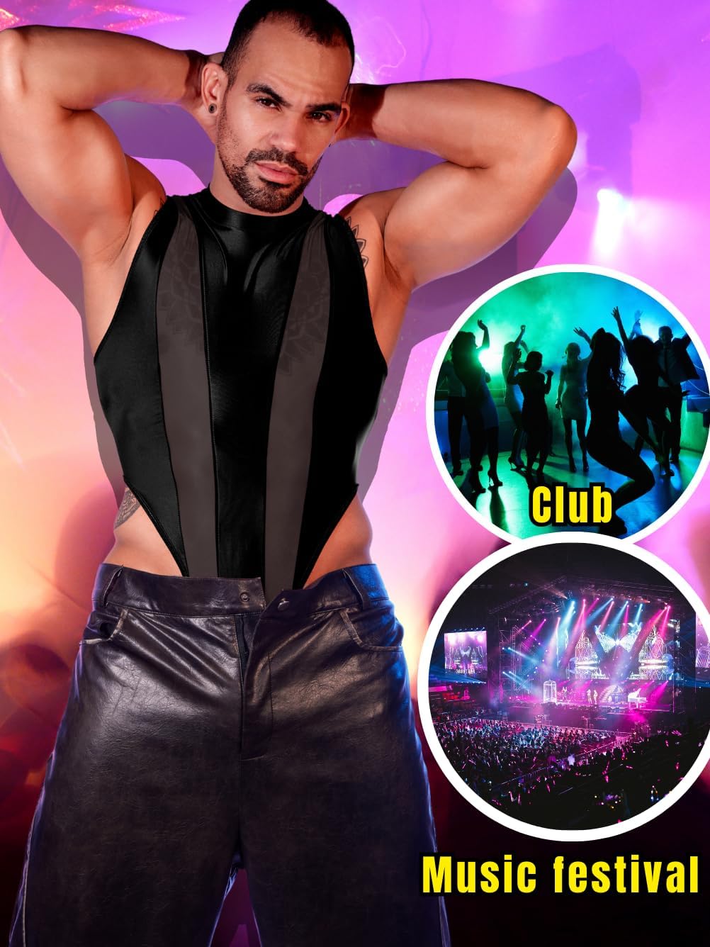 Mens Sexy Lingerie, Hook Crotch Thong High Cut Bodysuit Top Rave Outfit, Glossy Mock Neck Sheer Singlet Muscle Suit - Image 6