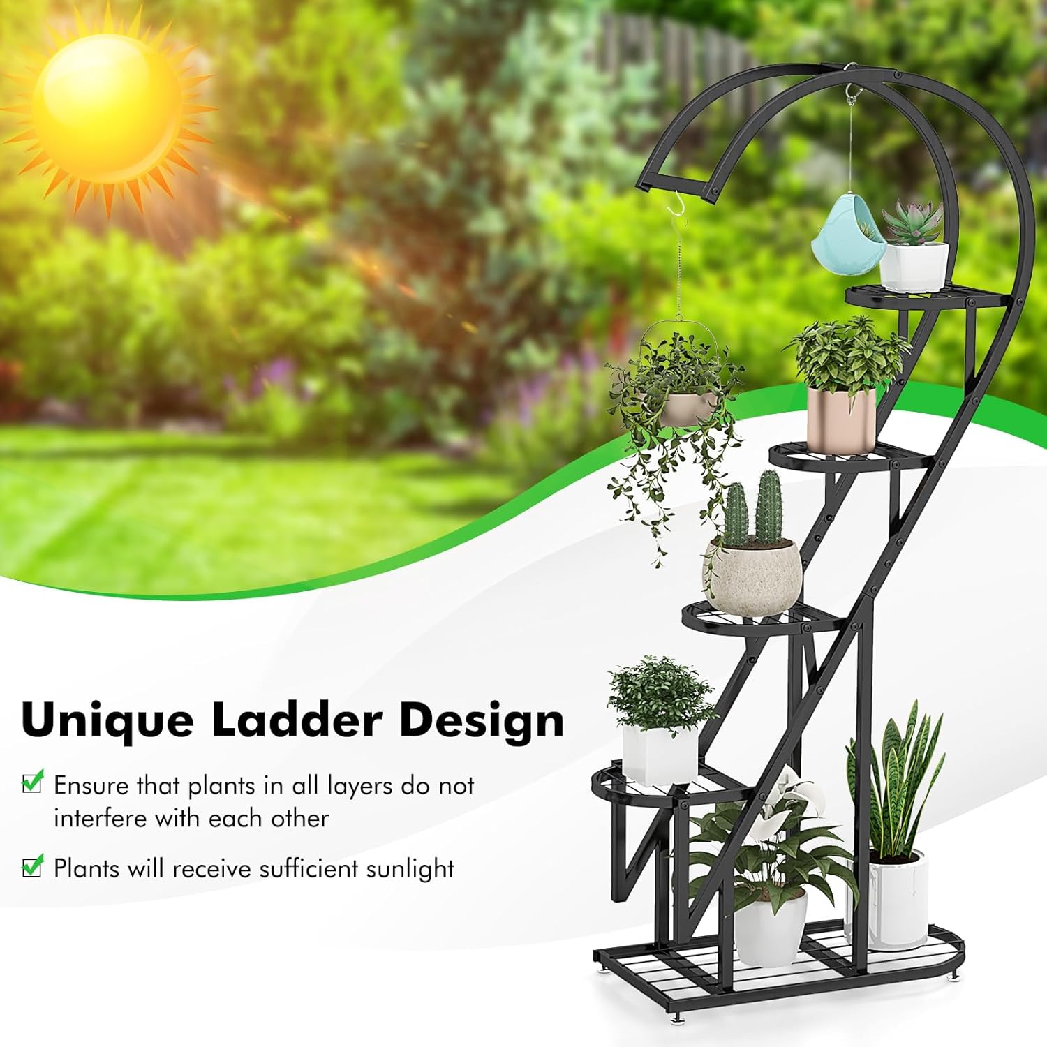 GOFLAME 6-Tier Metal Plant Stand, Heart-Shape Ladder Plant Shelves w/ 12 Boards & 6 Hanging Hooks, Metal Frame, Indoor Multiple Potted Plant Holder, Tall Flowerpot Display Rack for Home Balcony, 2 Pack, Black