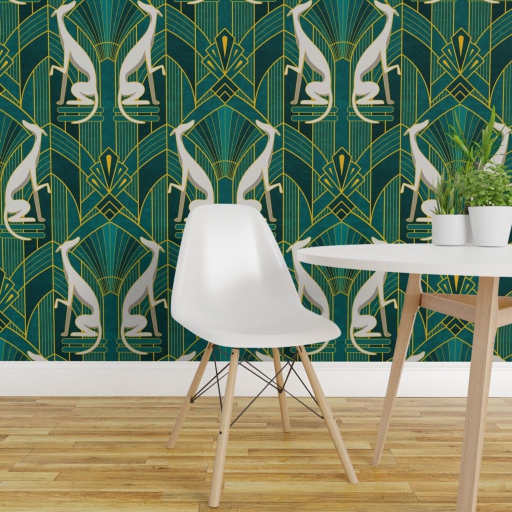 Spoonflower Removable Wallpaper 3ft x 2ft - Art Deco Greyhounds Teal Gold Gray Dogs Whippet Sighthound Custom Pre-Pasted Wallpaper