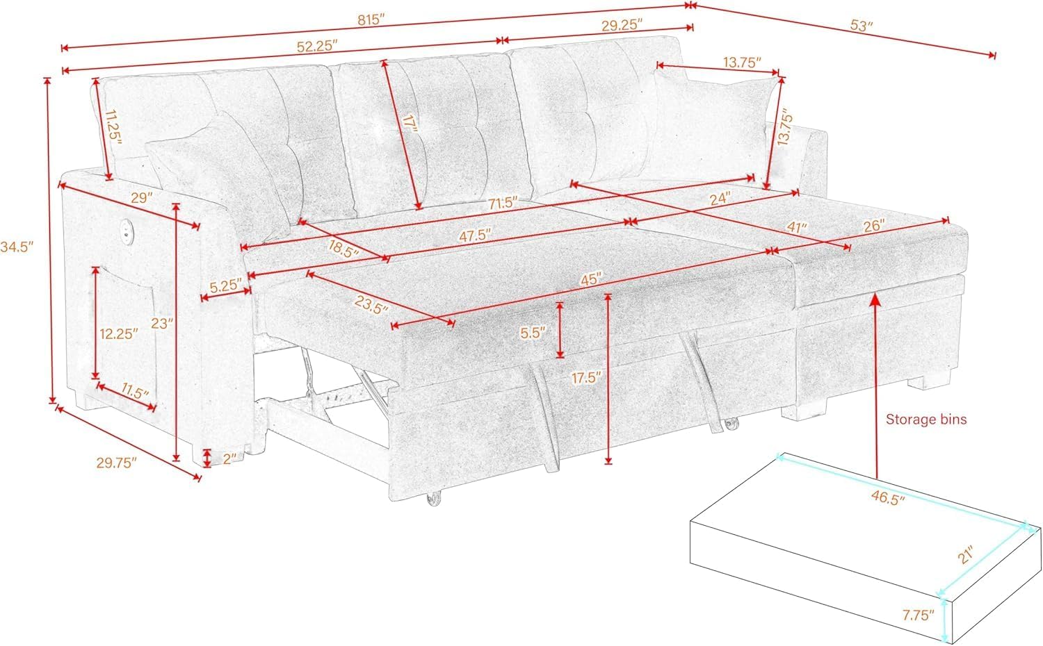 ERYE 81.5-inch Pull Out Sleeper Couch Bed, L-Shaped Reversible Sleeper Sectional Sofa Velvet Tufted Upholstered Corner Convertible Sofa Bed with Storage Chaise,USB Ports