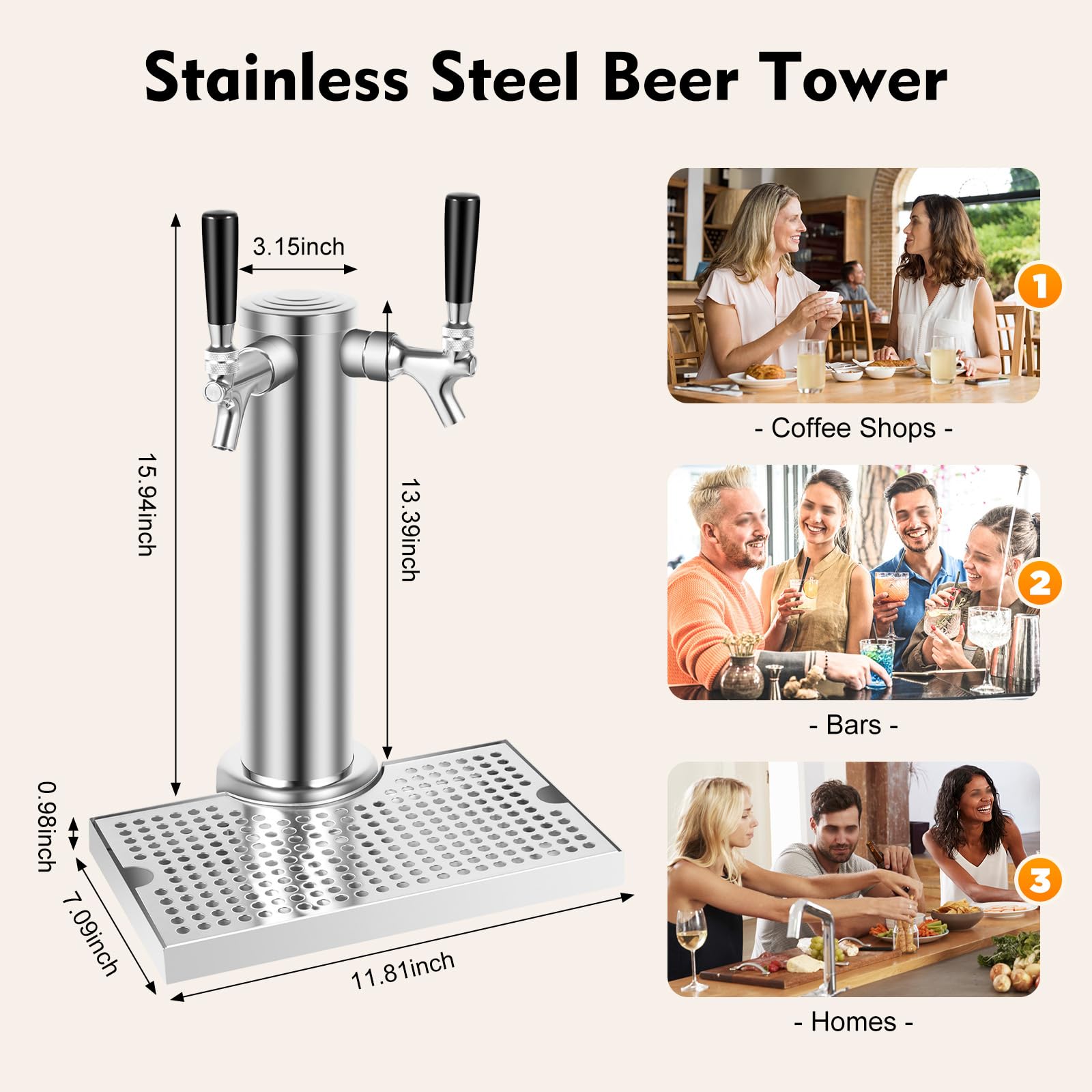 Dispensador de bebidas de acero inoxidable con 2 grifos, para cerveza, color plateado