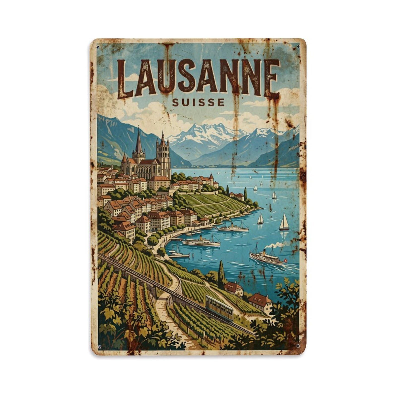 Vintage Travel Lausanne Switzerland Metal Tin Sign Wall Decor for Cafe, Club, Garden Metal Poster 8x12Inch
