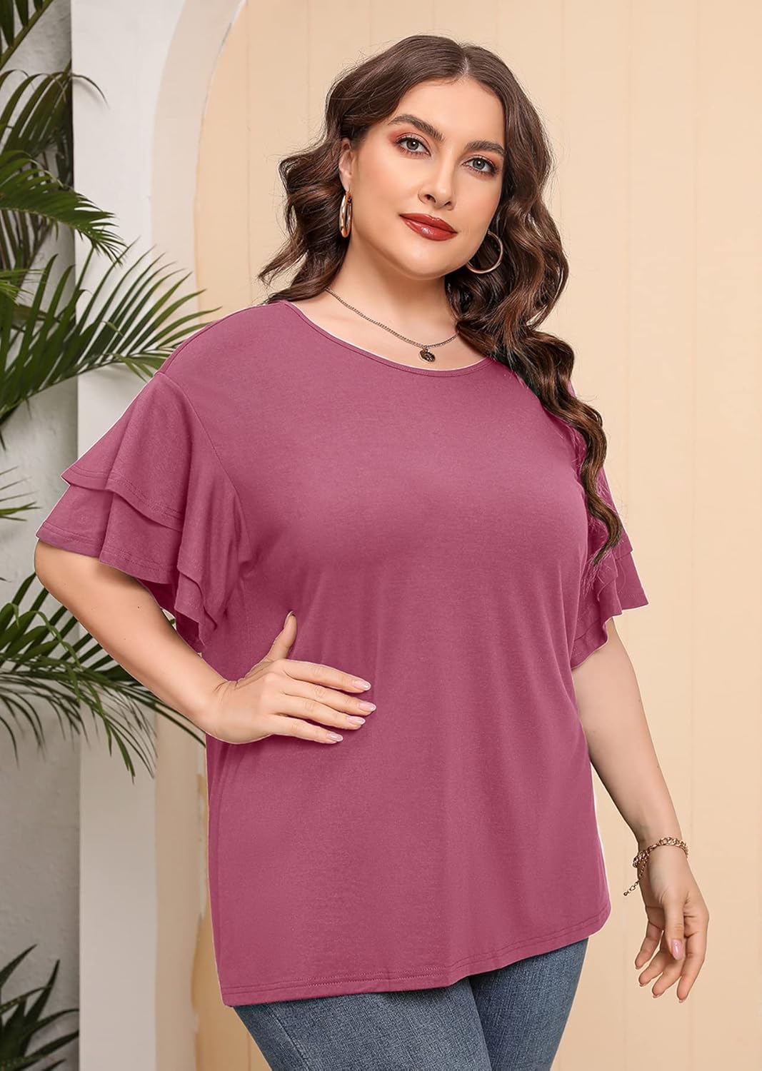 AusLook Plus Size Tunic for Women Double Ruffle Short Sleeve Clothes Loose Fit Clothing Flowy Shirts Summer Tops - Image 2