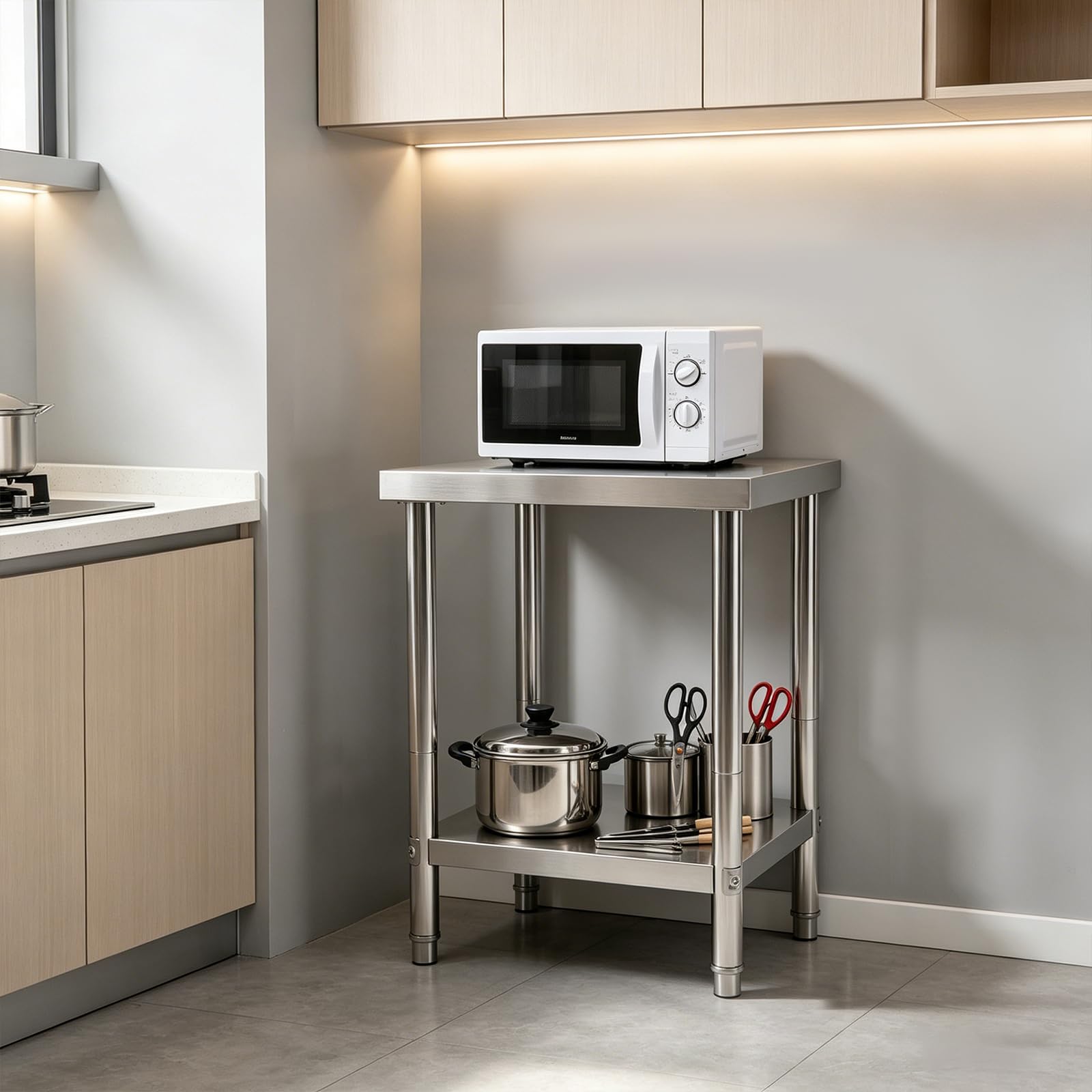 Mesa de trabajo de acero inoxidable 201, estructura de dos capas con proceso de pulido de alta calidad, para gastronomía comercial y uso doméstico
