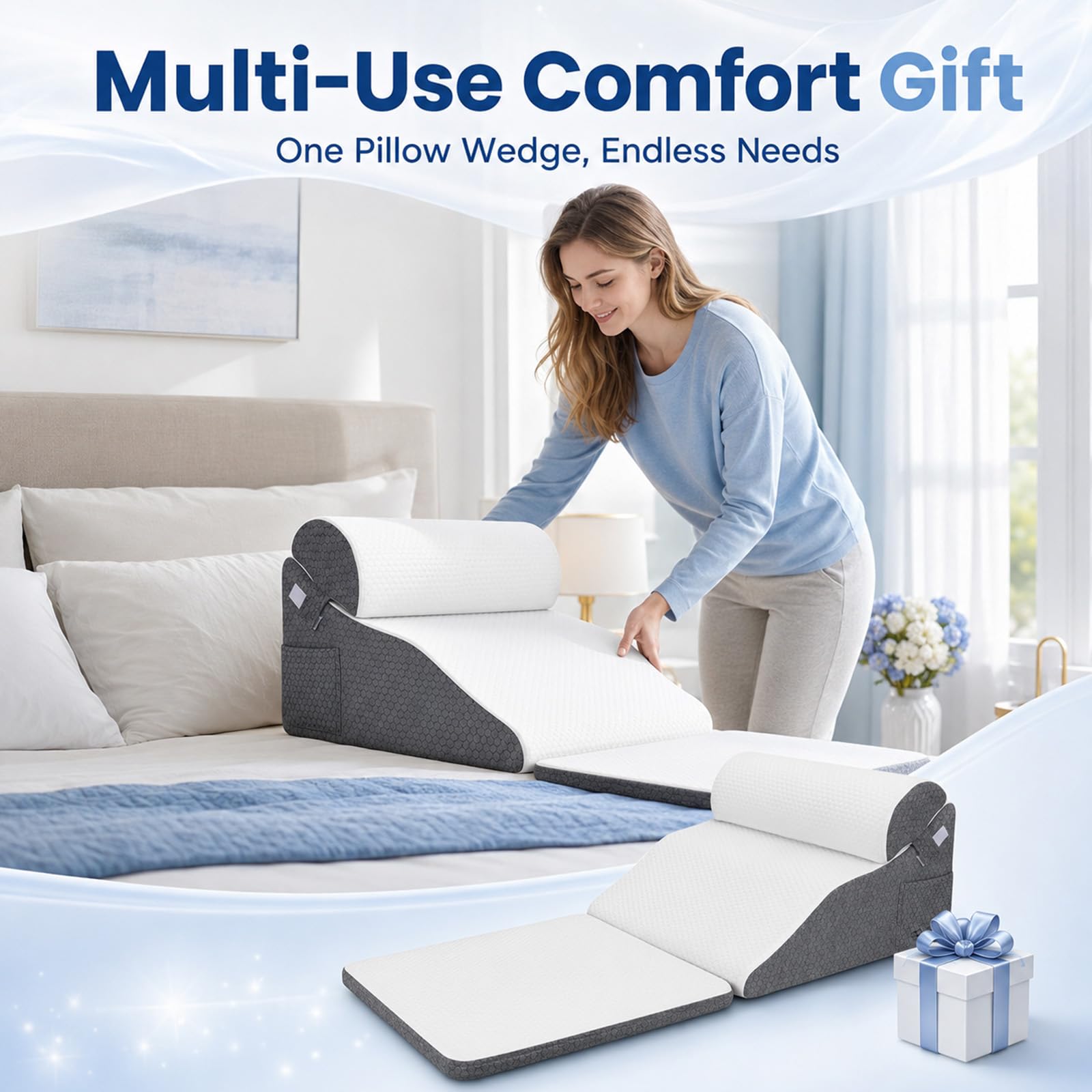 Cuscino a cuneo a forma di curva, ergonomico ortopedico per letto e divano, cuscino a cuneo regolabile, in schiuma ad alta densità, cuscino da lettura per sollevare le gambe, perfetto cuscino per la