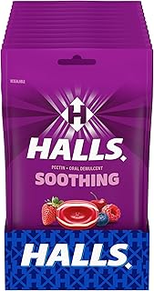 HALLS Throat Soothing Cool Berry Throat Drops, 12 Bags of 25 (300 Total Drops)