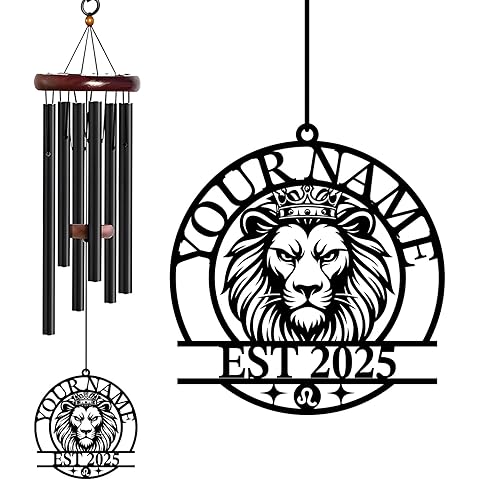 WindWink Personalized Customize Name 12 Zodiac Signs Wind Chime, Metal Iron 37 Inch Outdoor Memorial Gift for Garden Yard Patio Home Decor, Black (Leo)