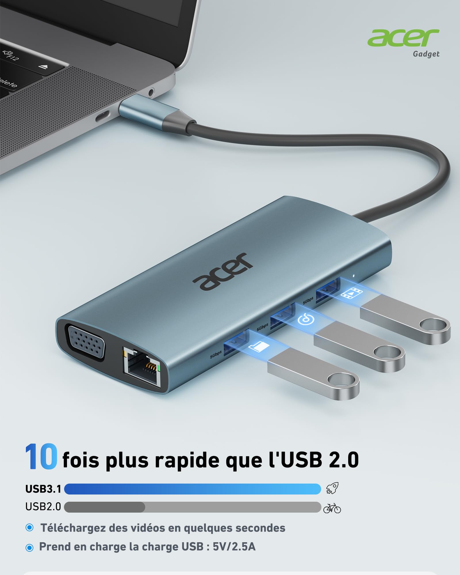 Acer Hub USB C Adaptateur Type C vers HDMI 4K VGA Ethernet RJ45 PD 100W Lecteur de Carte SD/TF 3xUSB 3.0 Station d'accueil USB C