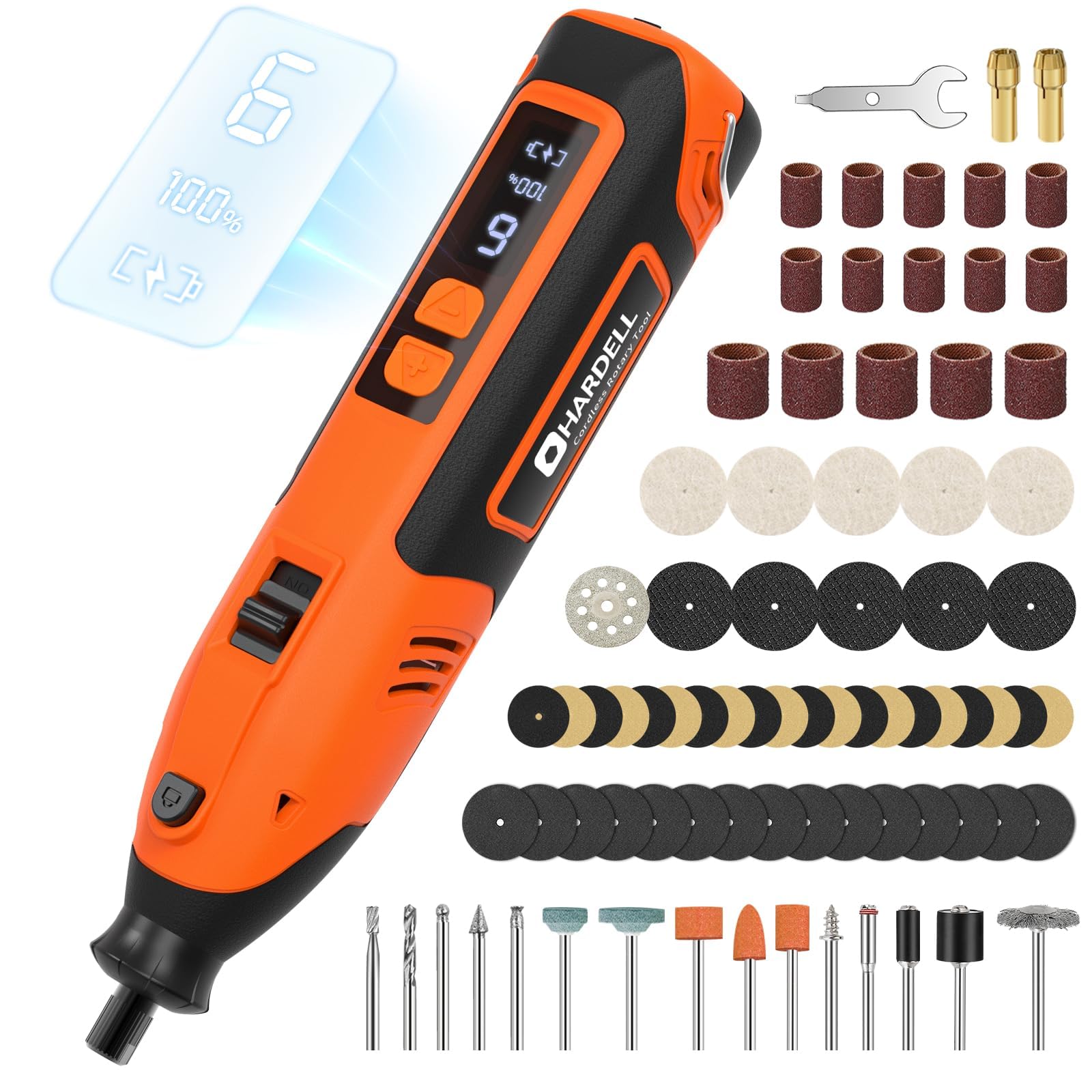 HARDELL 12V Outil Rotatif Multifonction Sans Fil, 5-Vitesses 18000tr/min Max, Mini Perceuse Sans Fil Avec Lumière LED, 61 Pièces Accessories pour Sculpture, Polissage, Ponçage, Perçage et Bricolage