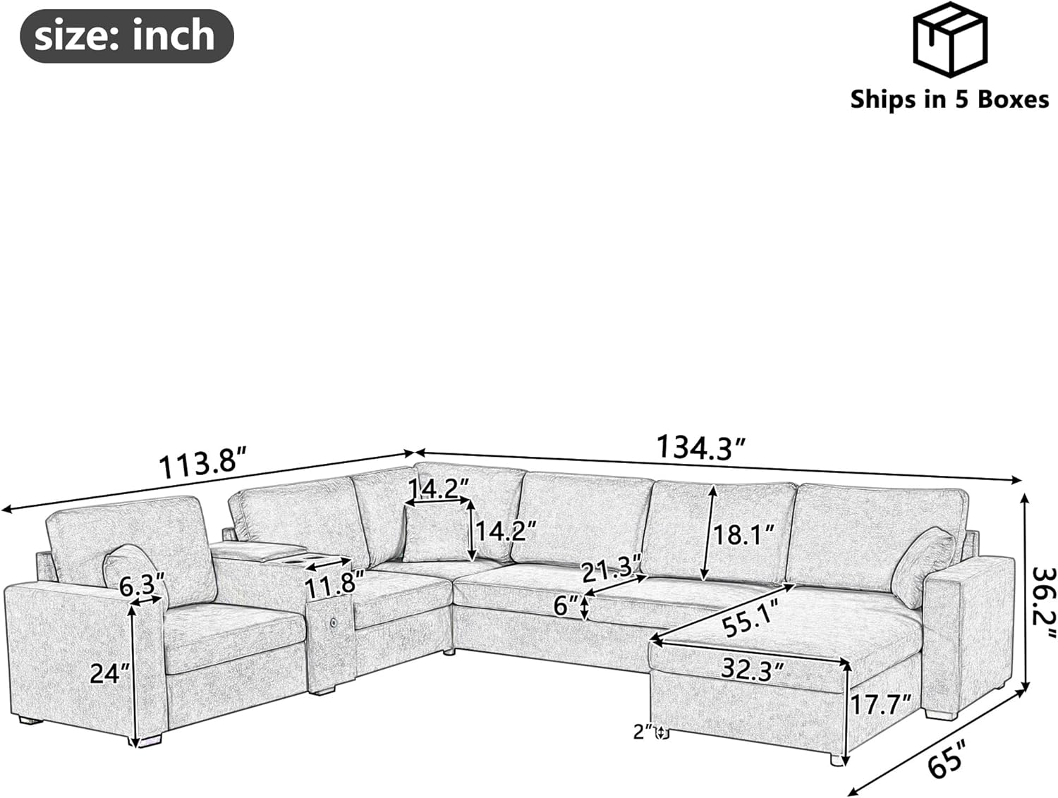 Merax Modern Oversized U-Shaped Sectional Sofa with Piollows & Chaise Lounge, Chenille 5-Seat Couch Set Sleeper Bed with Cup Holders, Storage Drawer for Living Room, Easy Assemble, Gray