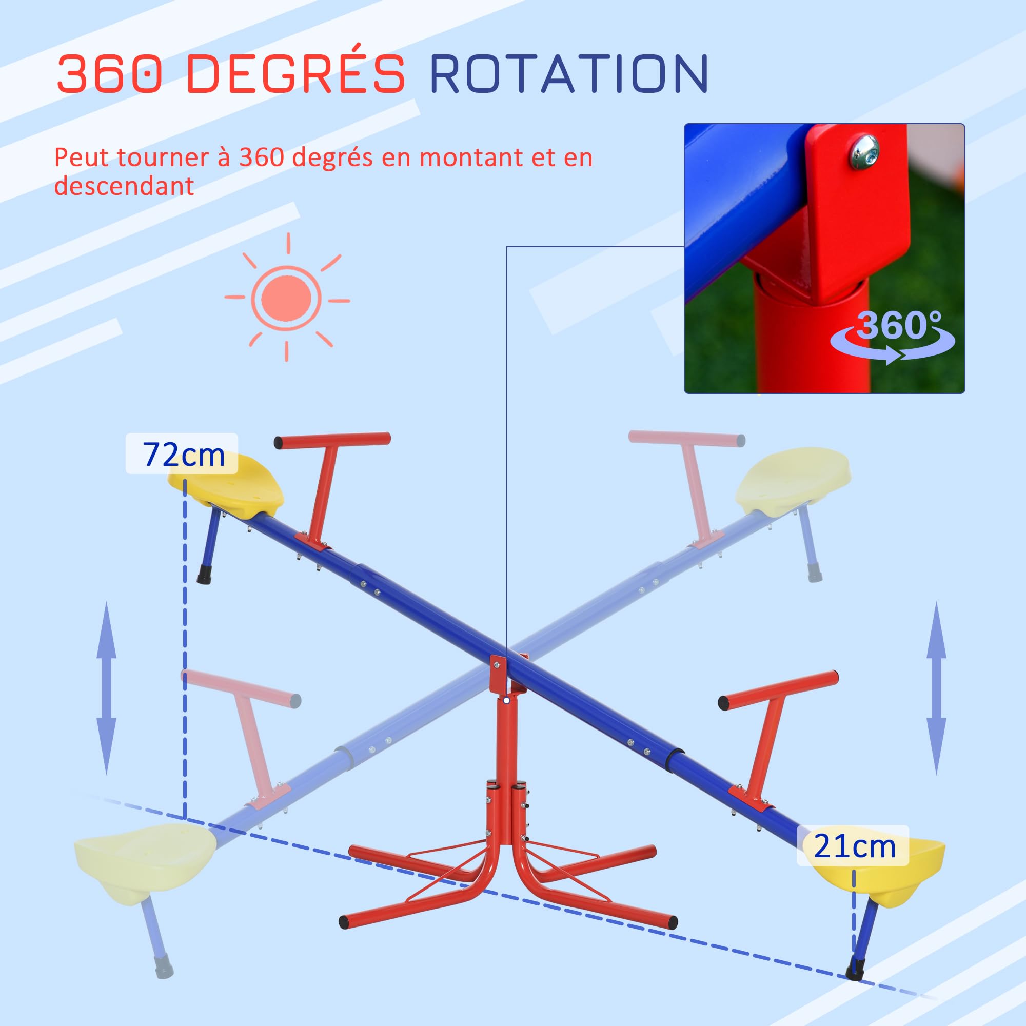 Outsunny Balançoire à Bascule 3 à 8 Ans 184 x 76 x 71 cm Multicolore | Trébuchet Rotatif 360°, Pied 4 Tiges, Poignée, Métal PP, Extérieur