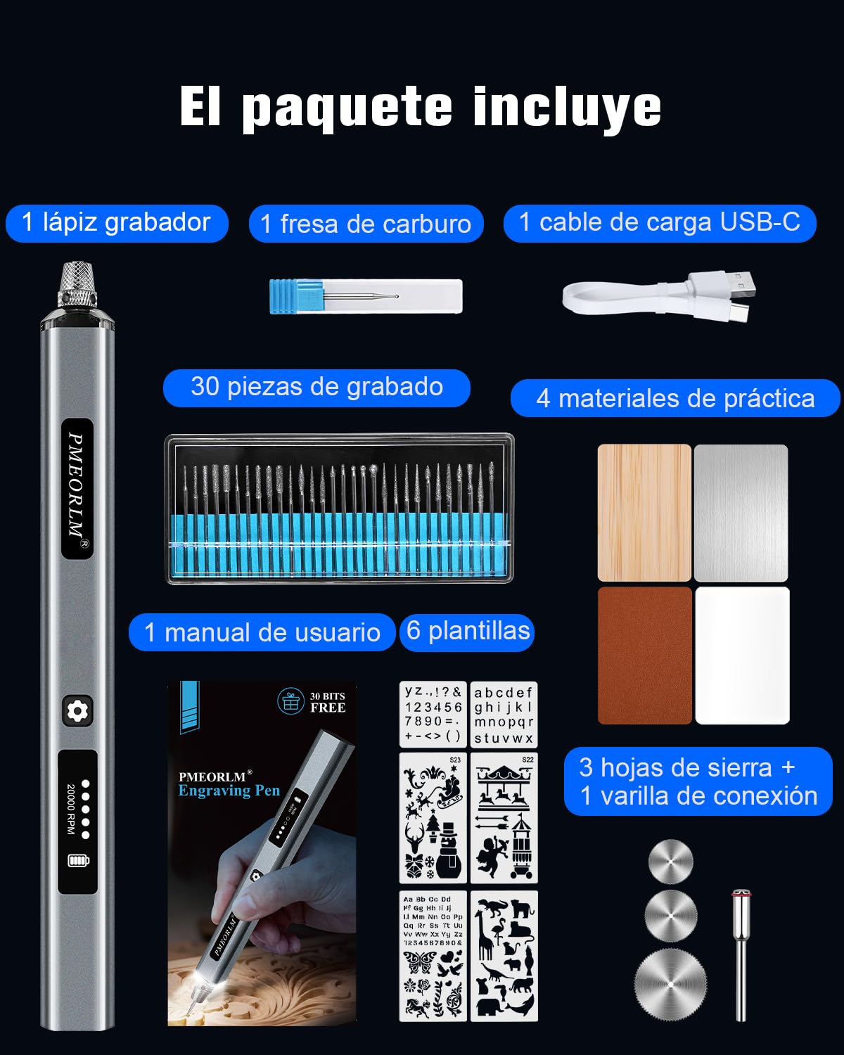 bolígrafo de grabado– Lápiz de grabado eléctrico con pantalla LCD, luz LED, 5 velocidades, 30+ accesorios y carga rápida USB-C herramienta inalámbrica portátil (Gris)