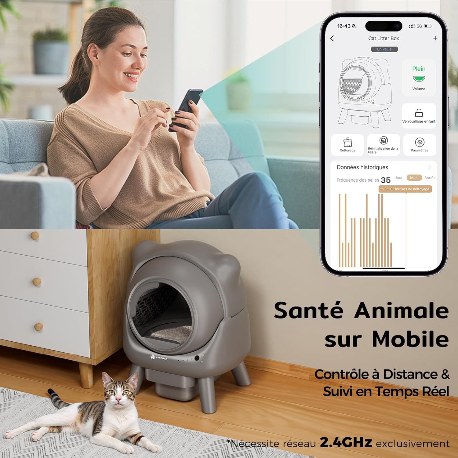 Image showing a person using a smartphone app to control the Amicura Cura X1 litter box, displaying cleaning schedules, real-time status, and historical data.