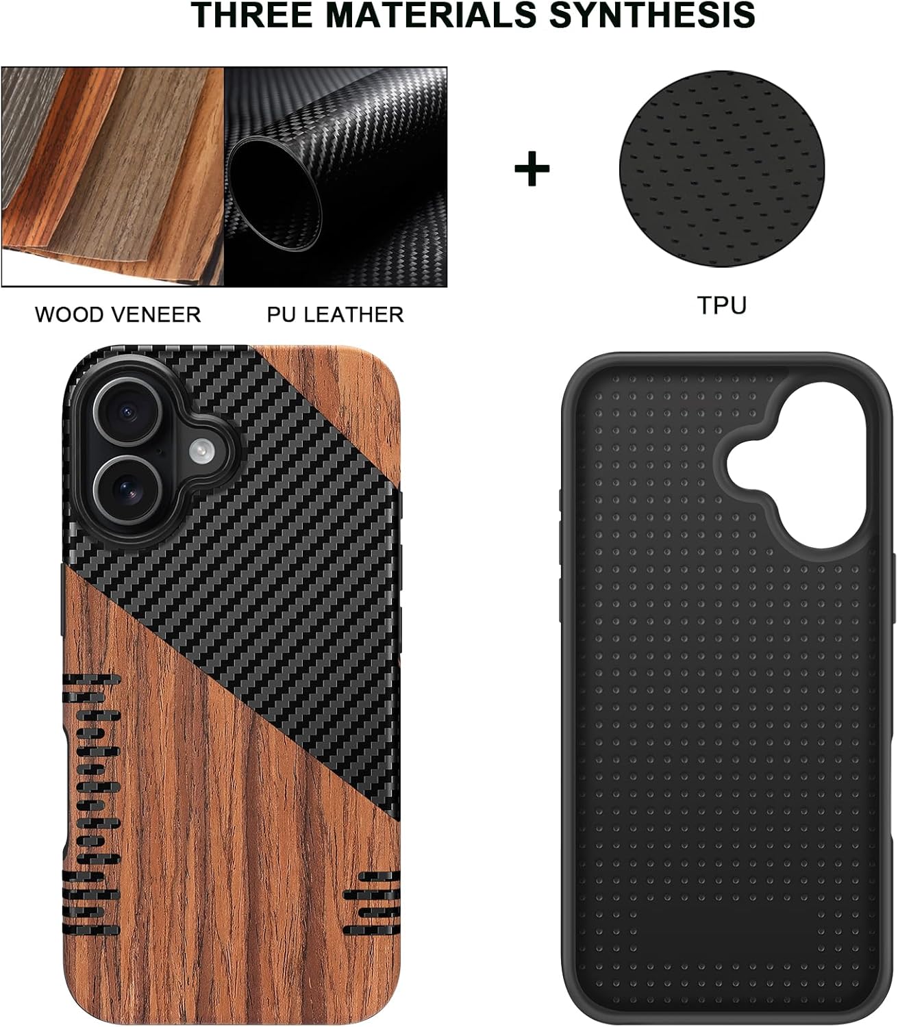 TENDLIN Compatible with iPhone 17 Case Wood Grain with Carbon Fiber Texture Design Leather Hybrid Slim Case (Twill) - Image 2