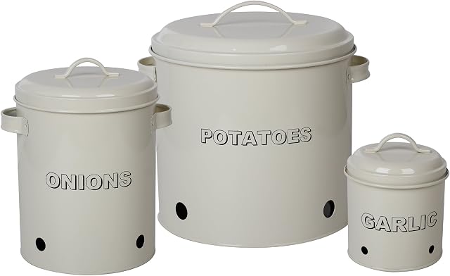 Set of 3 Antique Cream Vintage Potato Onion Garlic Kitchen Storage Canisters Jars Pots Containers 3 Piece Set, Potato, Garlic, Onion Bin Caddy, With Aerating Tin Storage Holes & Metal Lid