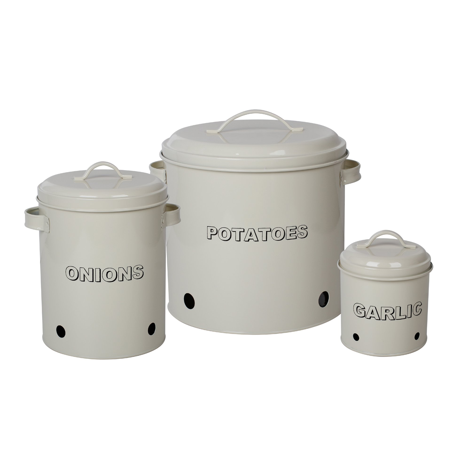 Set of 3 Antique Cream Vintage Potato Onion Garlic Kitchen Storage Canisters Jars Pots Containers 3 Piece Set, Potato, Garlic, Onion Bin Caddy, With Aerating Tin Storage Holes & Metal Lid