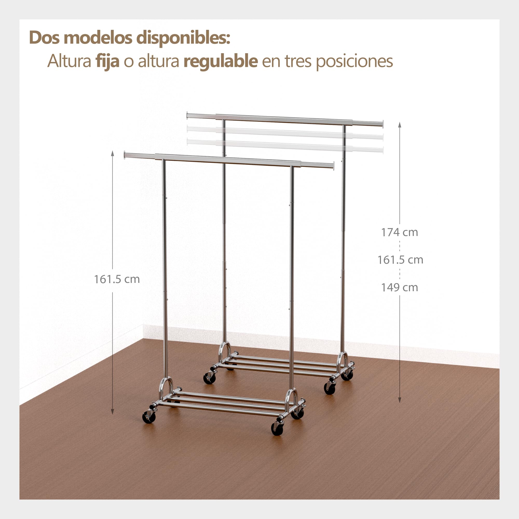PORTENTUM Perchero burro ropa resistente extensible con ruedas y frenos – Altura regulable entre 149 y 174 cm – Hasta 180 kg de carga – Organizador ropa de acero de 45 x (92–132) cm de ancho