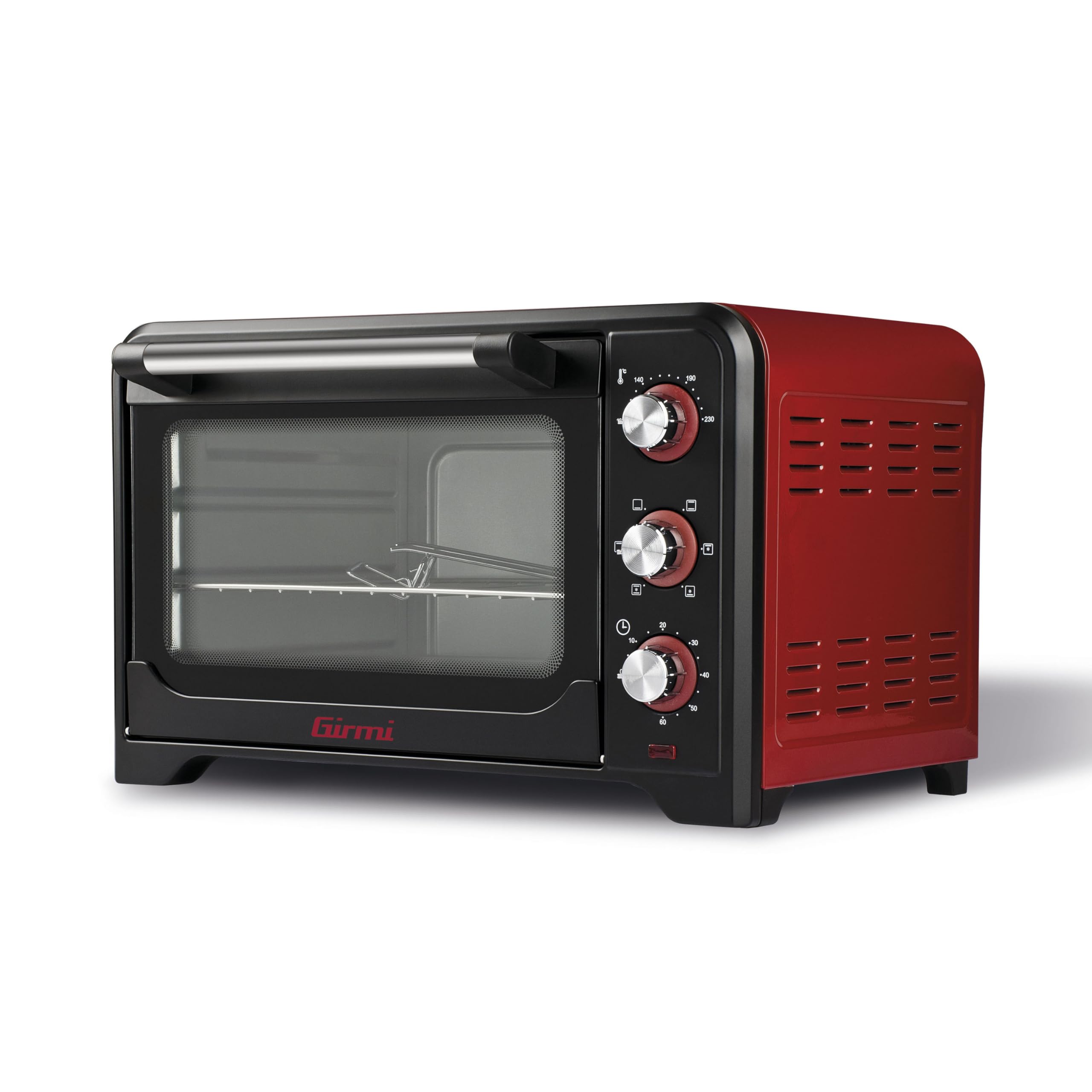 Girmi FE30 Forno Elettrico, 1600 W, Ventilazione, Luce interna, Timer, Termostato regolabile 230°, 4 resistenze riscaldanti, Griglia Inox, Accessori inclusi, Nero/Rosso