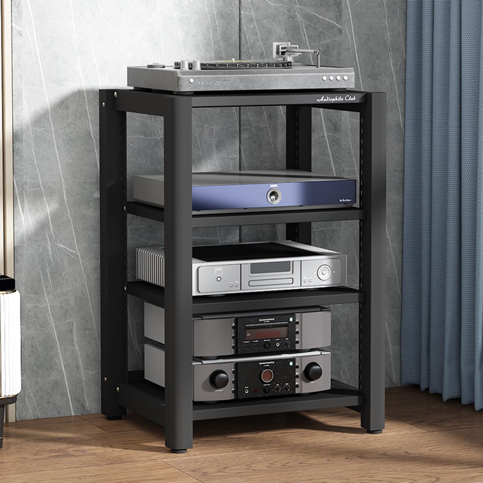 4-poziomowy stojak na nośniki AV, odtwarzacz płyt i stojak audio do odtwarzaczy DVD, konsol do gier, TV Box, solidna metalowa rama (wykończenie 60 x 50 x 85 cm)
