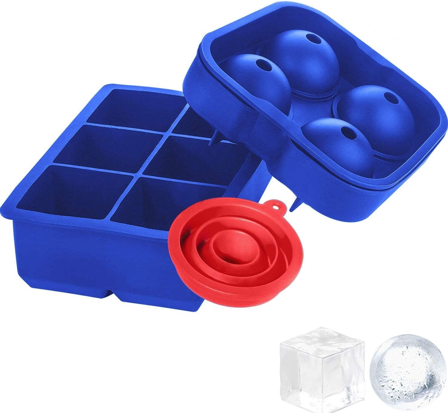 VIWIEU Large Whiskey Ice Ball Mold (1.8 Inch, 4 Balls) and 2 Inch Square Ice Cube Tray (6 Cavity) with a Silicone Funnel, Easy Release, Stackable, Keep Your Drinks Cooled for Hours - Blue