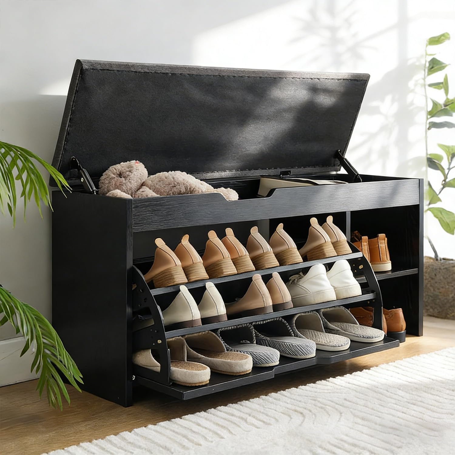 Shoe Storage Bench with Flip Drawer, Shoe Rack with Lift Top Storages Box, 2-Tier Bench Cabinet with Adjustable Shelves for Entryway, Hallway, Living Room, Mudroom, Black