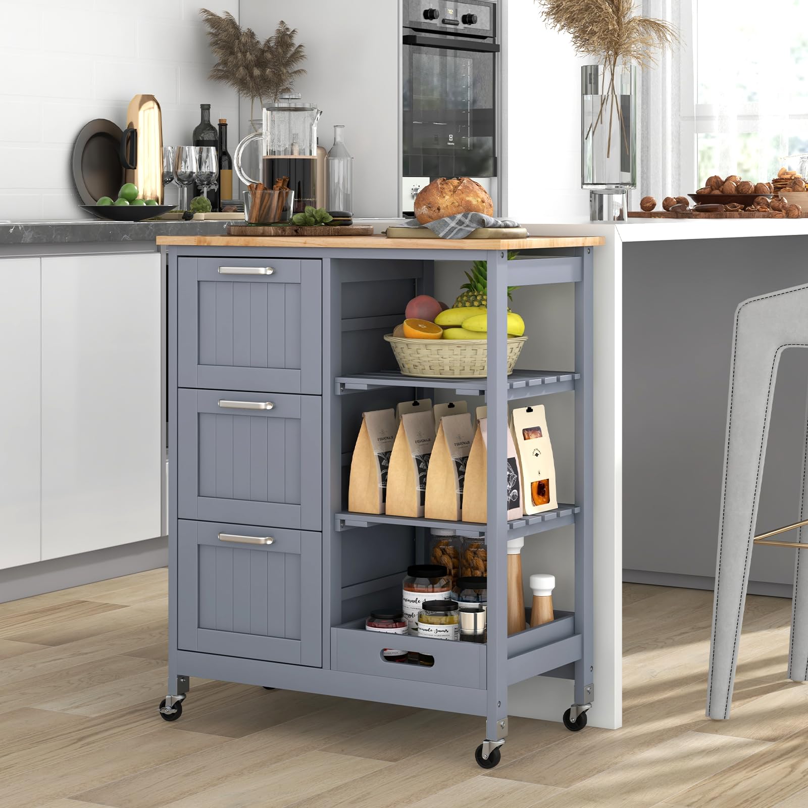 COSTWAY Carrito de Cocina con Ruedas Bloqueables, Carrito de Servicio Multiuso con 2 Estantes Abiertos y 3 Cajones, Bandeja Extraíble, Carro Auxiliar de Madera para Cocina y Comedor (Gris)