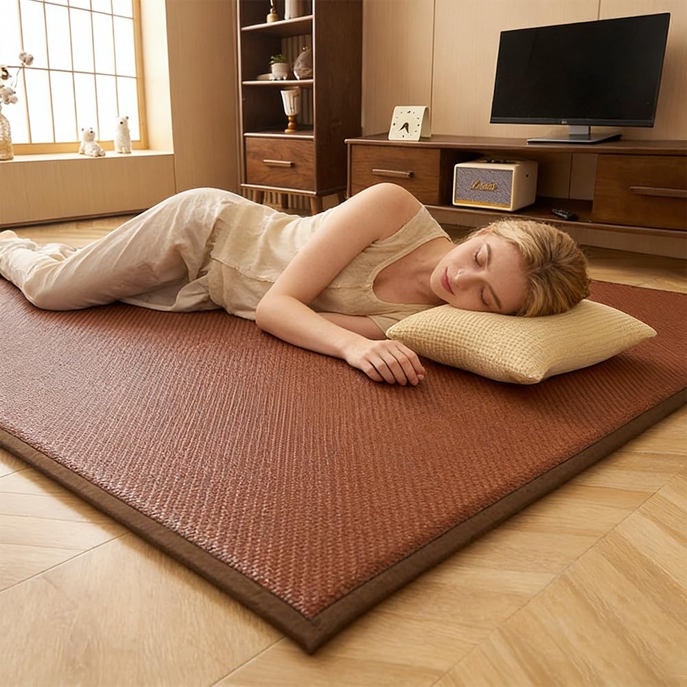 Japoński materac podłogowy, mata tatami o tkanej teksturze z pianką zapamiętującą kształt i antypoślizgową podstawą, oddychająca karimata do salonu, sypialni(Red,120 * 200cm)