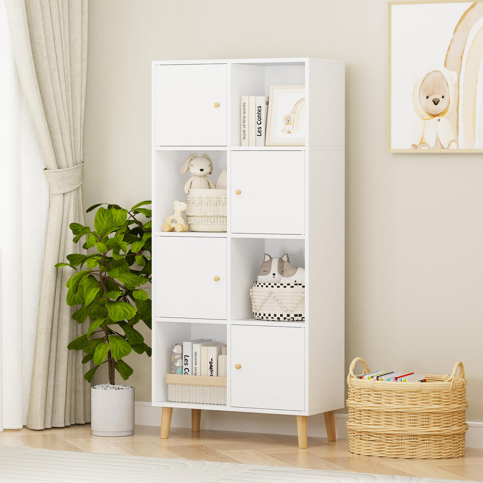 Libreria con Puertas, Estante Blanco con 8 Compartimentos, Estantes de Almacenamiento, Estantería de Archivo para Sala de Estar, para Estudio, Dormitorio y Salon