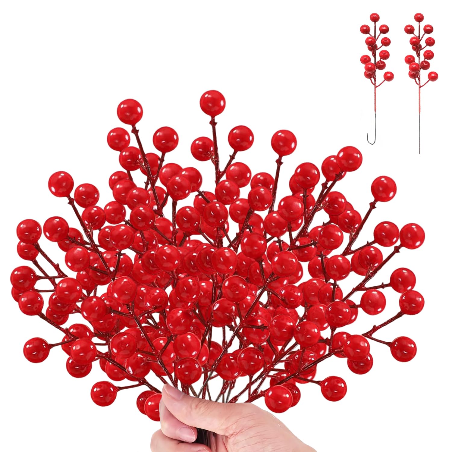 16 Pieces Christmas Artificial Red Berries Stems, 8 Inch Christmas Holly Berries Burgundy Red Berry Picks Artificial Holly Branches for Xmas Tree Ornaments DIY Xmas Wreath Crafts and Home Decor