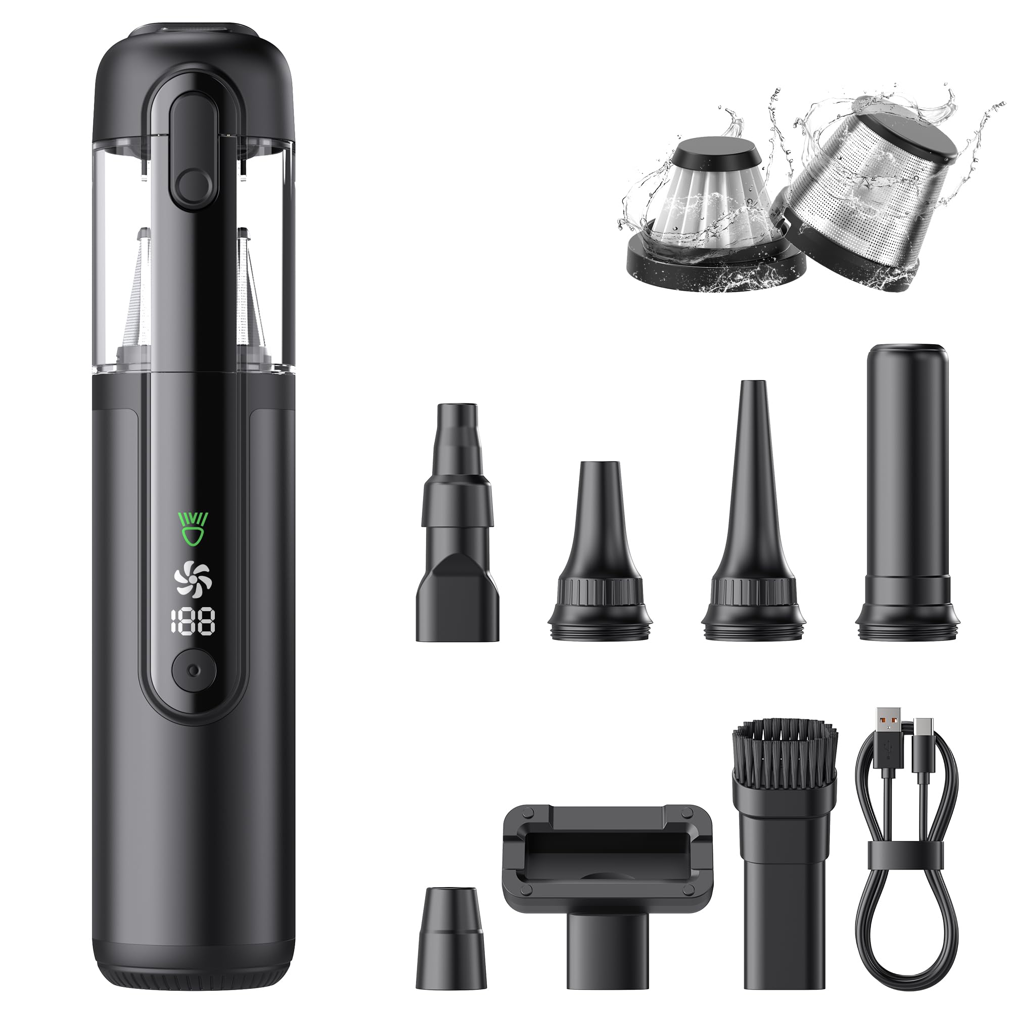 Portable Car Vacuum Cordless, 18000Pa 4-in-1 Suction Power Mini Vacuum Cleaner, 120W Brushless Motor Handheld Vacuum Cordless Rechargeable, 7800mAh Battery, LED Light, Multi-Nozzle for Car, Home, Pet-image-37