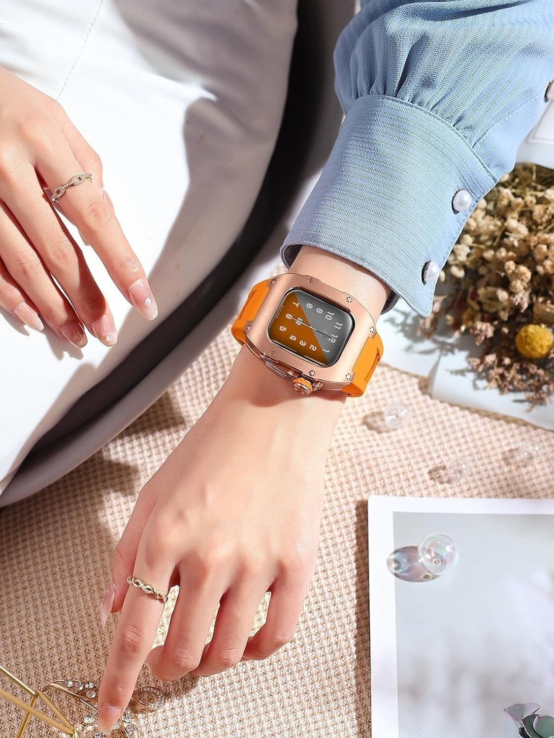 EZZON Tytanowe meta etui, gumowa opaska, zestaw mod, do Apple Watch 9, 8, 7, 6, 5, 4 SE, dla mężczyzn i kobiet, metalowe etui do zegarka, silikonowy pasek do zegarka, akcesoria zamienne do zegarka
