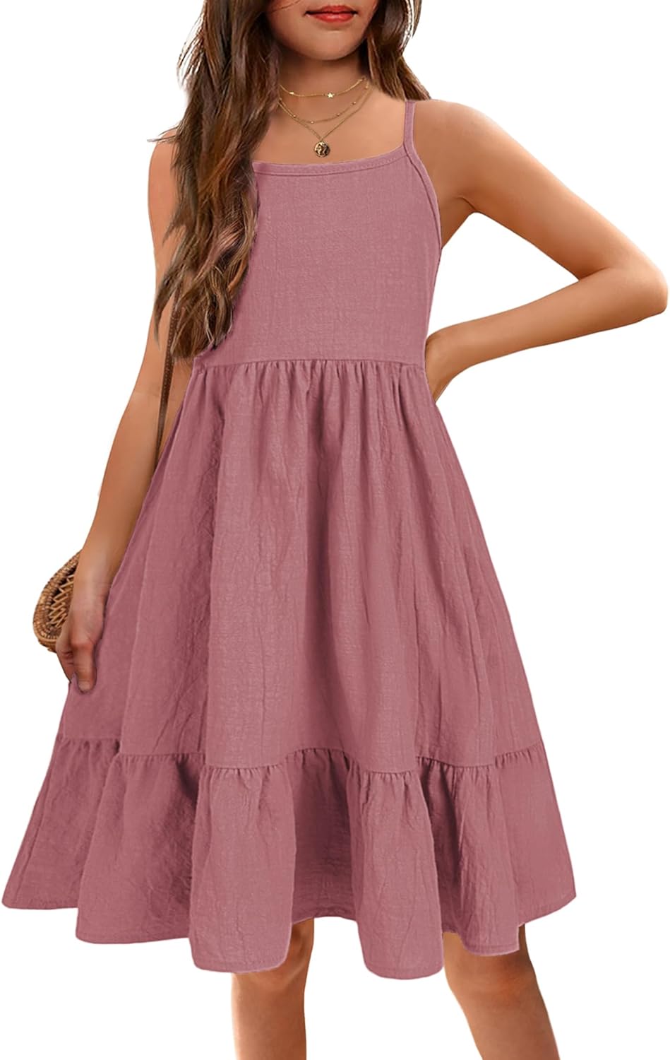 Arshiner Girl's Summer Sundress Spaghetti Strap Solid Linen Midi Dress Casual Cami Dresses