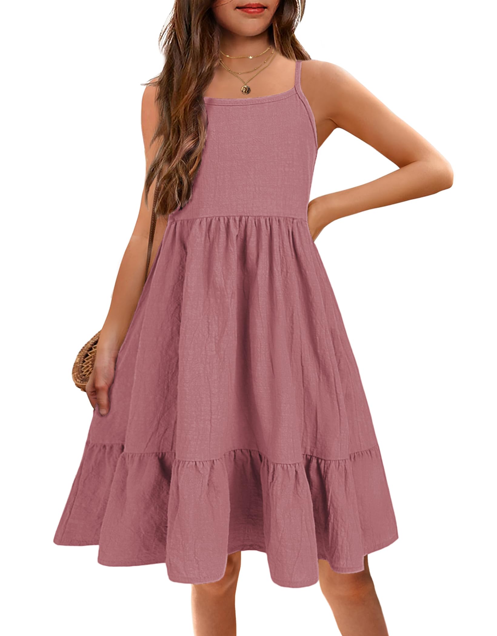 Arshiner Girl's Summer Sundress Spaghetti Strap Solid Linen Midi Dress Casual Cami Dresses