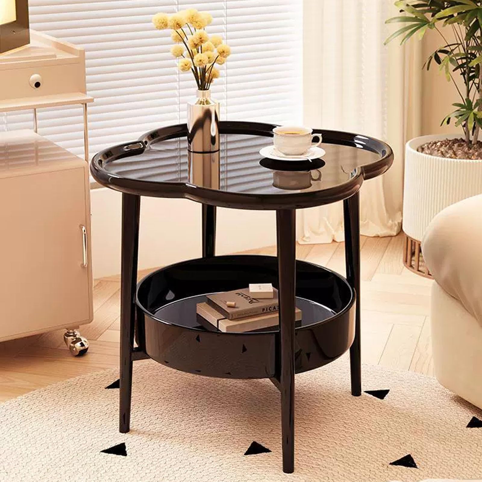 SXZenSpace Four Leaf Clover Side Table with Raised Edges,Freestanding Coffee Tea Table,Side Tables for Couch,Living Room,Bedroom,Small Space,black