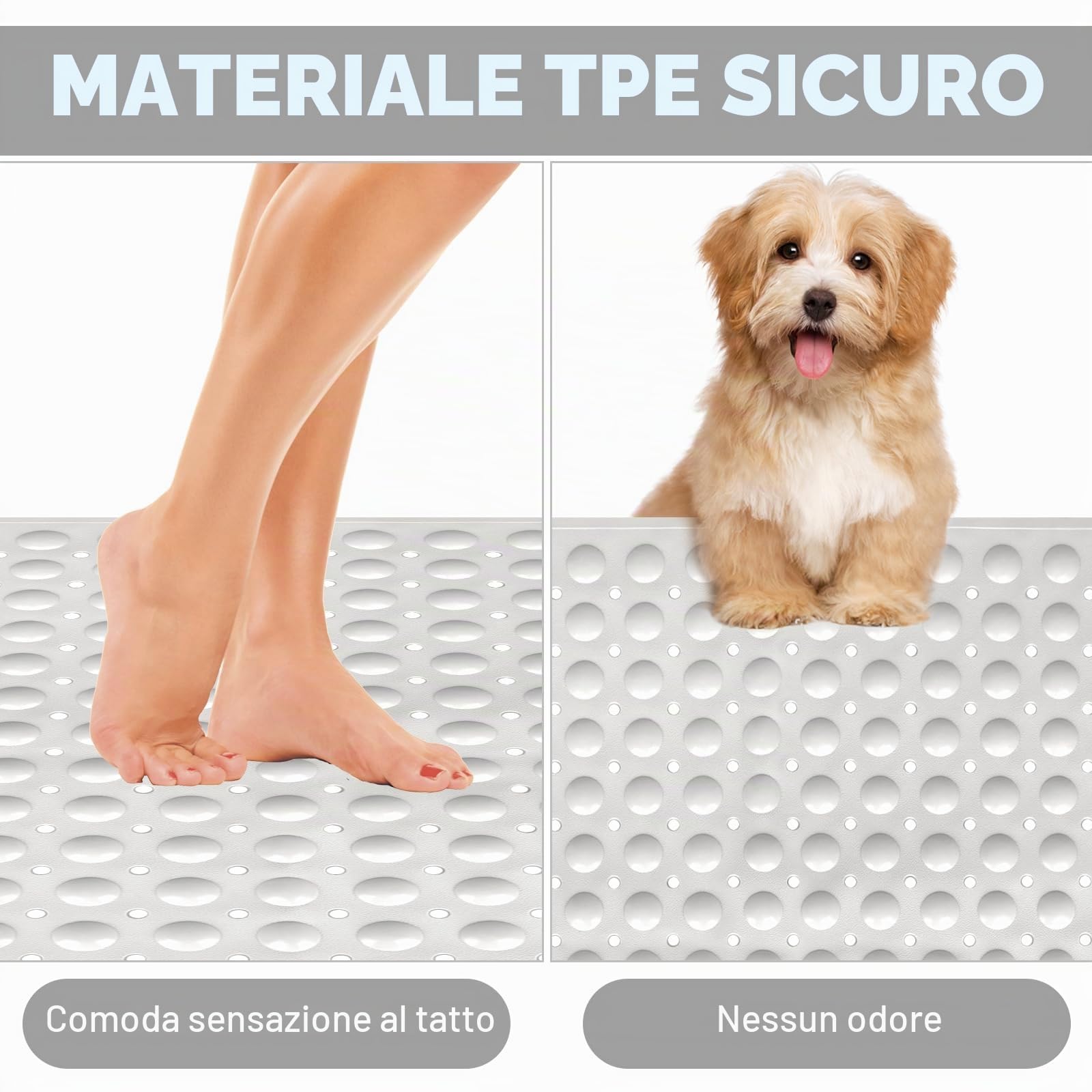 Tappetino da doccia antiscivolo, 90 x 60 cm, extra large, per box doccia interno, morbido TPE lungo, anti-muffa, opaco, con forti ventose