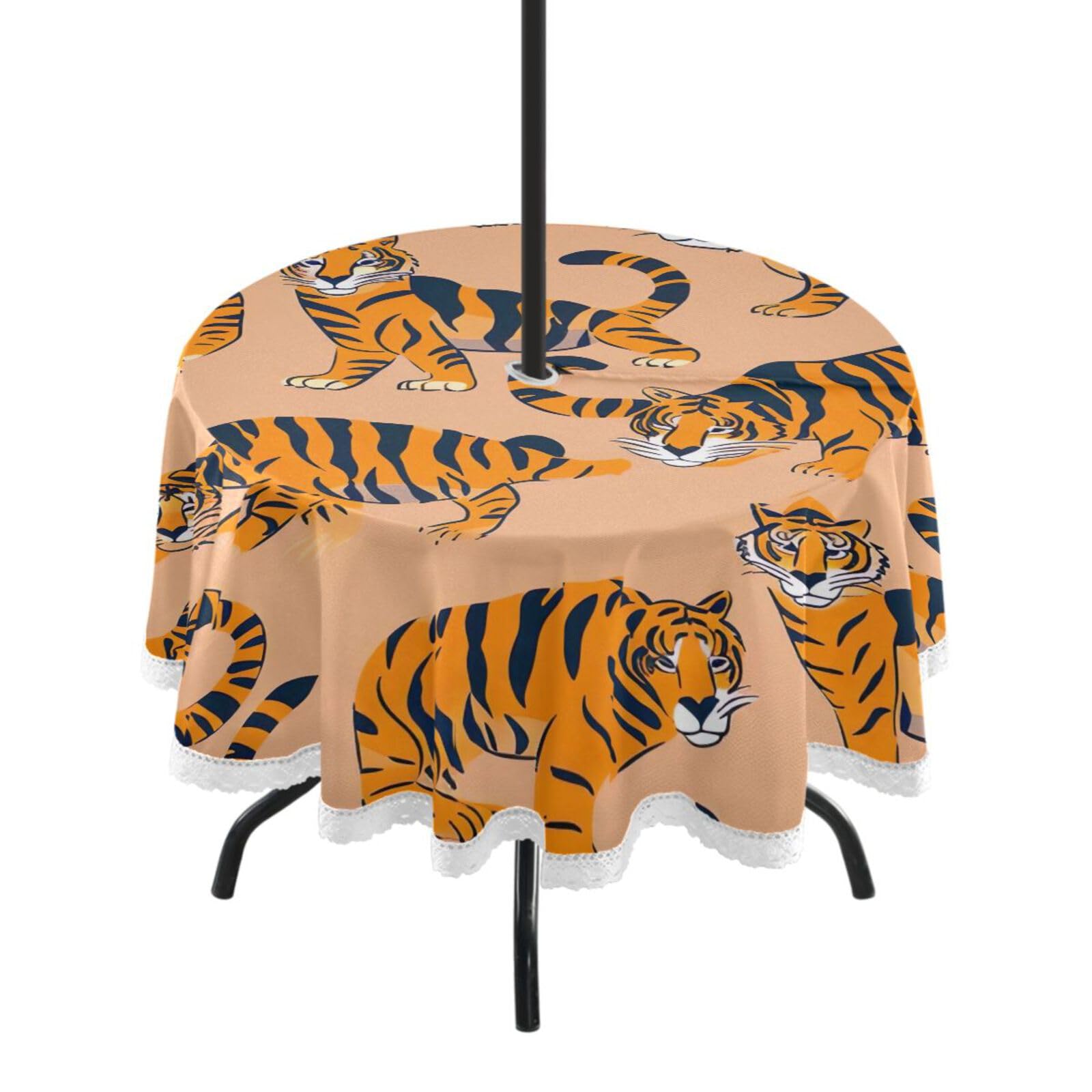Wajiw 60 Inch Indoor Outdoor Round Tablecloth with Umbrella Hole and Zipper Waterproof Patio Table Cover for Camping Dining Room Party Outdoor Picnic,Tiger