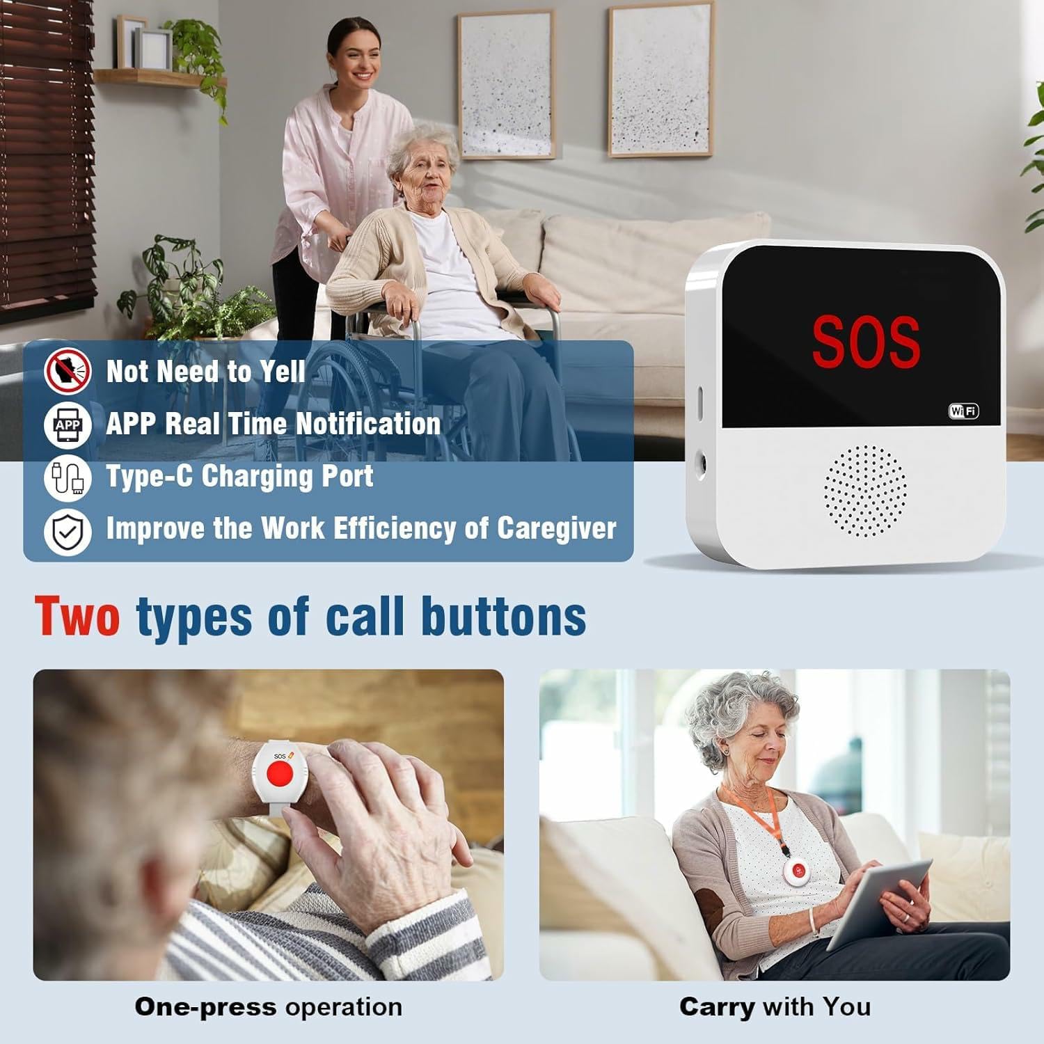 Wireless Caregiver Pagers Elderly Alert Button Smart Emergency Call Button Personal Help System at Home for Elderly Patients(Supports 2.4GHz WiFi Only)